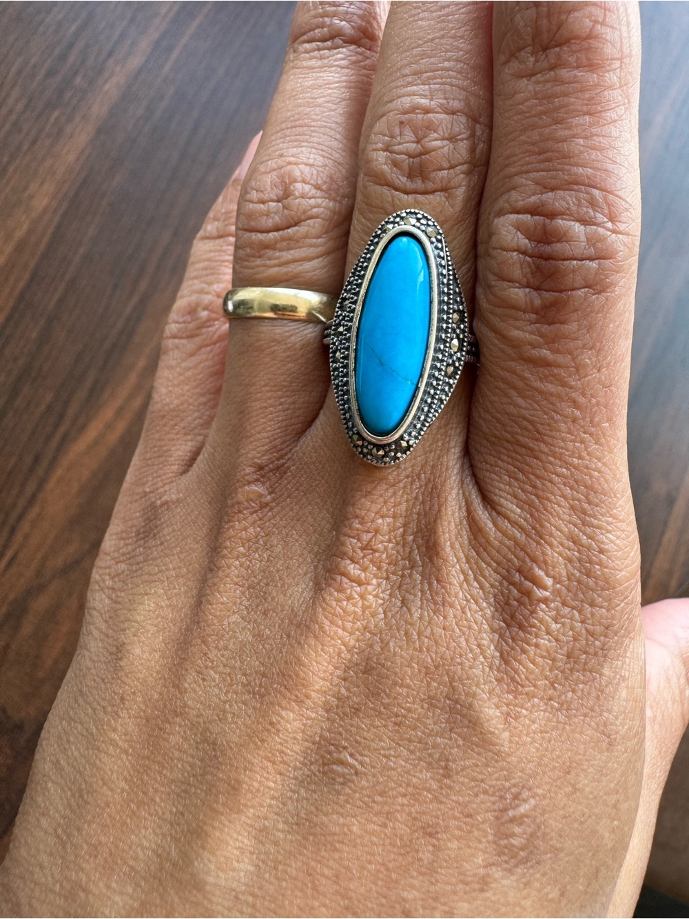 Afghan Turquoise Oval Statement Ring - Blue Gemstone Fashion Ring size 8